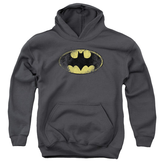Batman Destroyed Logo Kids Youth Hoodie Charcoal
