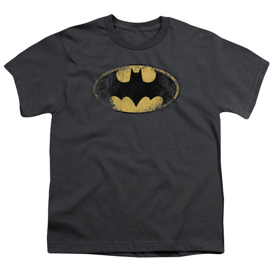Batman Destroyed Logo Kids Youth T Shirt Charcoal