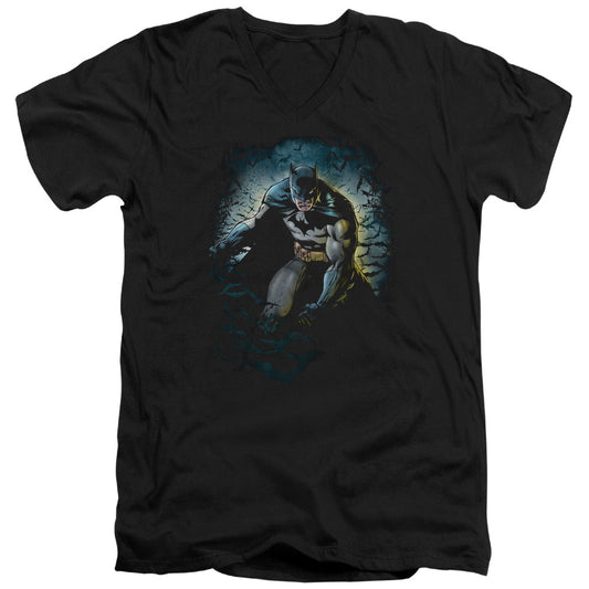 Batman Bat Cave Mens Slim Fit V Neck T Shirt Black