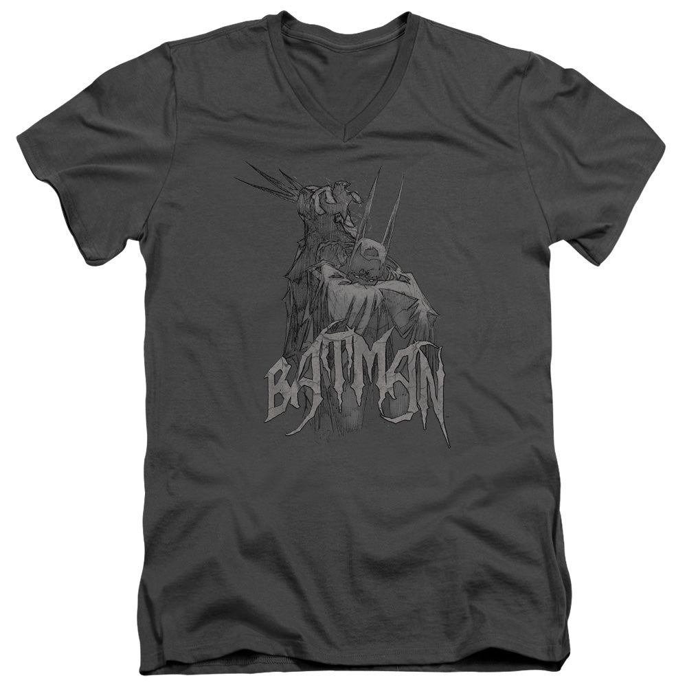 Batman Scary Right Hand Mens Slim Fit V Neck T Shirt Charcoal