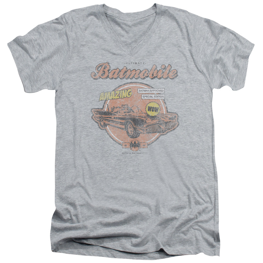 Batman Amazing Batmobile Mens Slim Fit V Neck T Shirt Athletic Heather