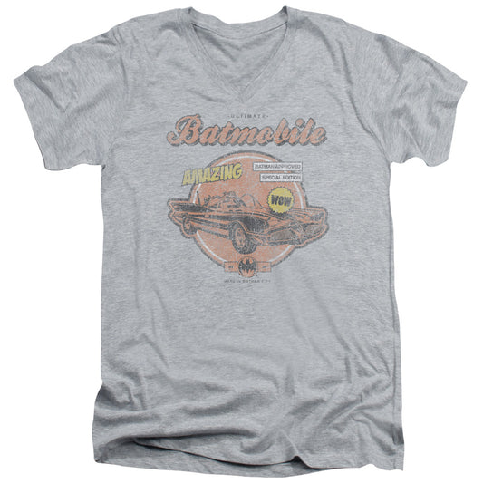 Batman Amazing Batmobile Mens Slim Fit V Neck T Shirt Athletic Heather