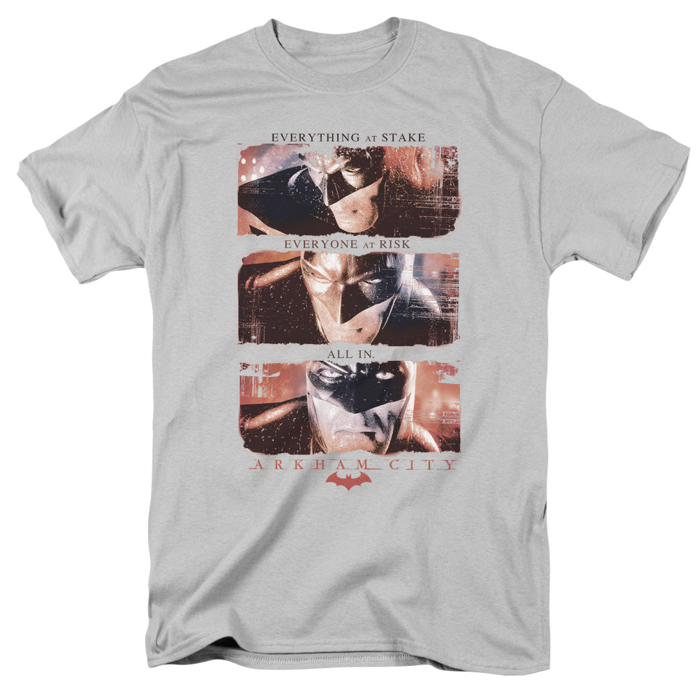 Batman Arkham City All In Mens T Shirt Silver