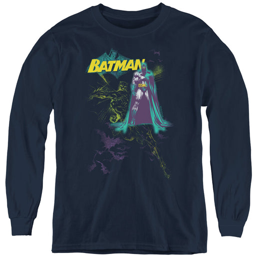 Batman Bat Spray Long Sleeve Kids Youth T Shirt Navy Blue