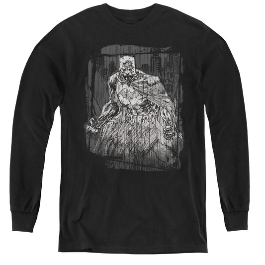 Batman Pencilled Rain Long Sleeve Kids Youth T Shirt Black