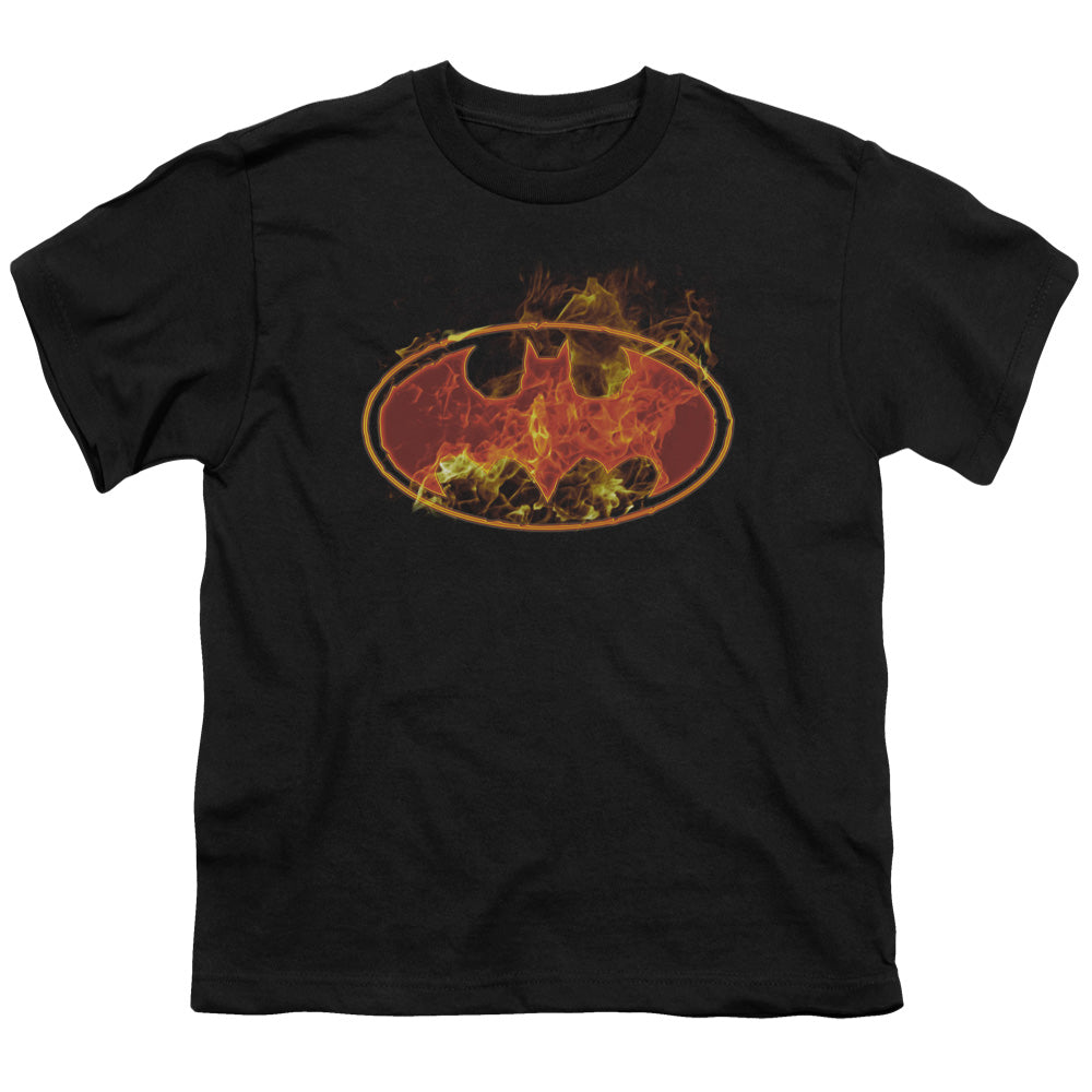 Batman Flames Logo Kids Youth T Shirt Black