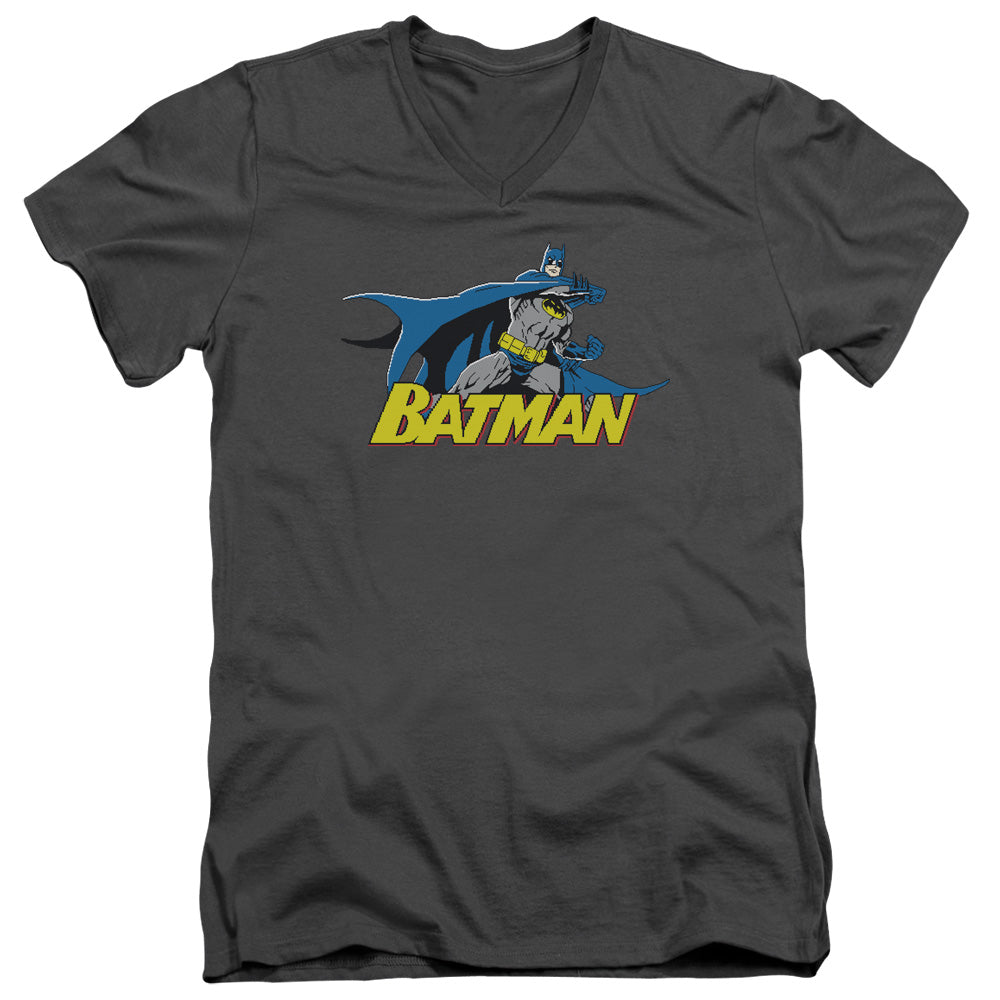 Batman 8 Bit Cape Mens Slim Fit V Neck T Shirt Charcoal