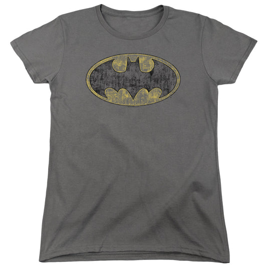 Batman Tatered Logo Womens T Shirt Charcoal