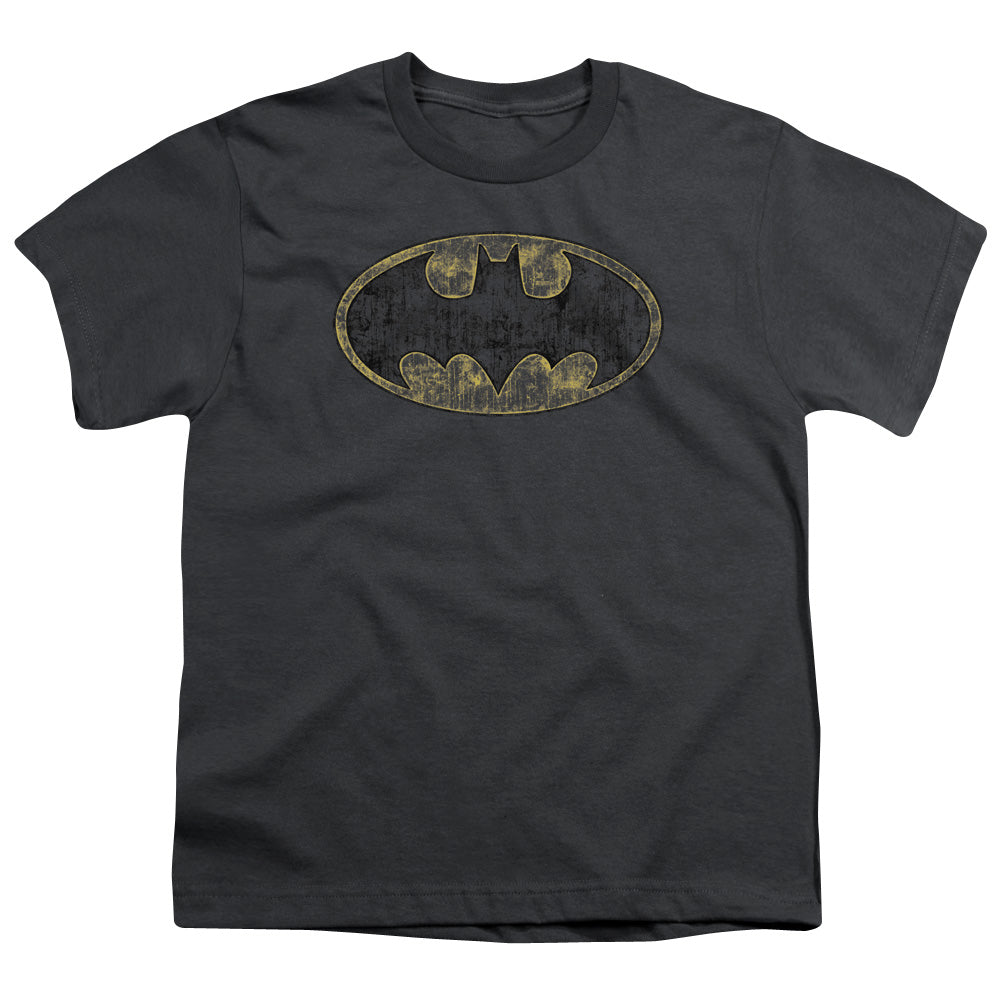 Batman Tatered Logo Kids Youth T Shirt Charcoal