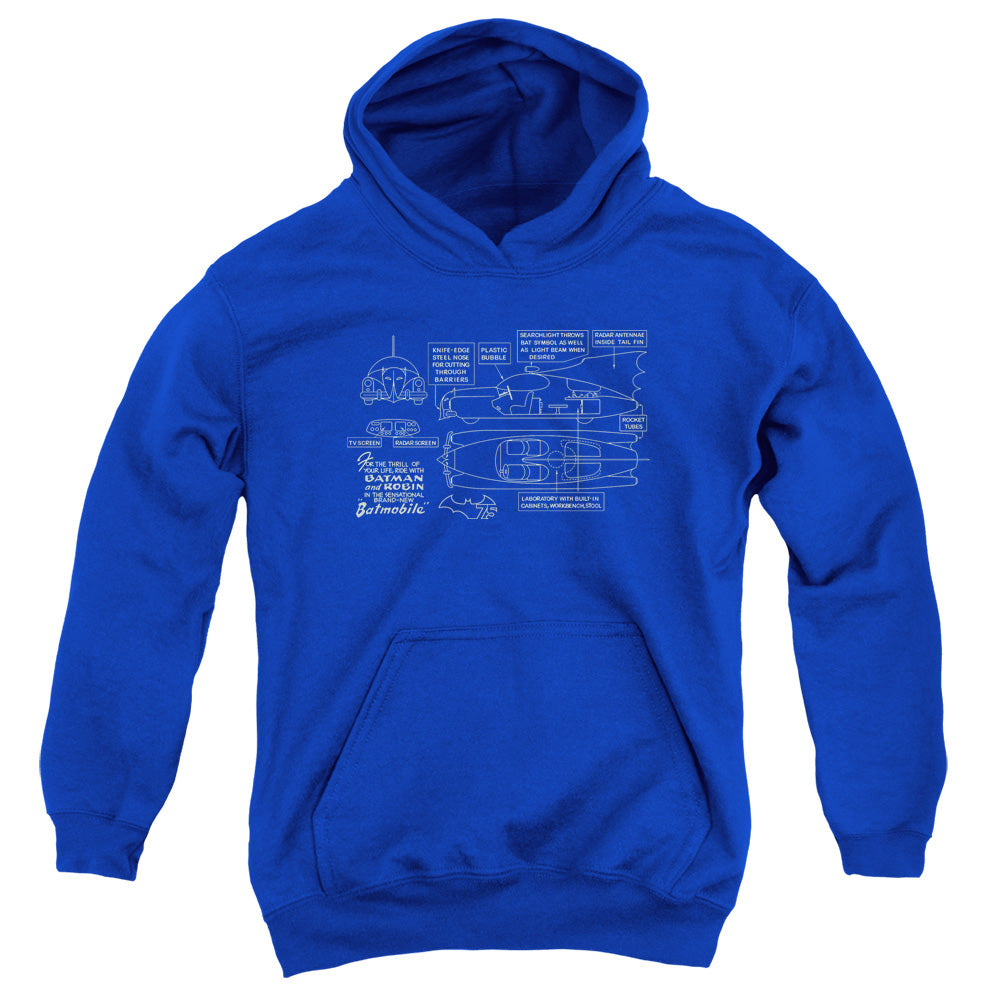 Batman Batmobile Kids Youth Hoodie Royal