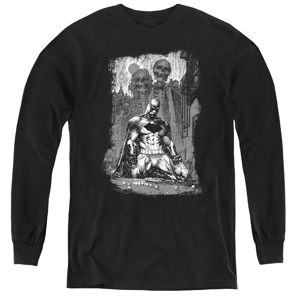 Batman Sketchy Shadows Long Sleeve Kids Youth T Shirt Black