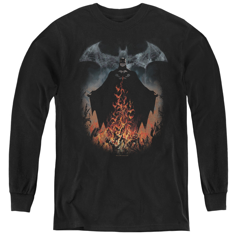 Batman Smoke & Fire Long Sleeve Kids Youth T Shirt Black