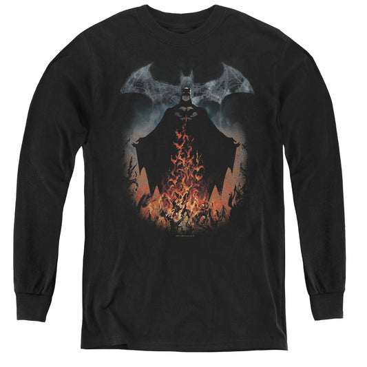 Batman Smoke & Fire Long Sleeve Kids Youth T Shirt Black