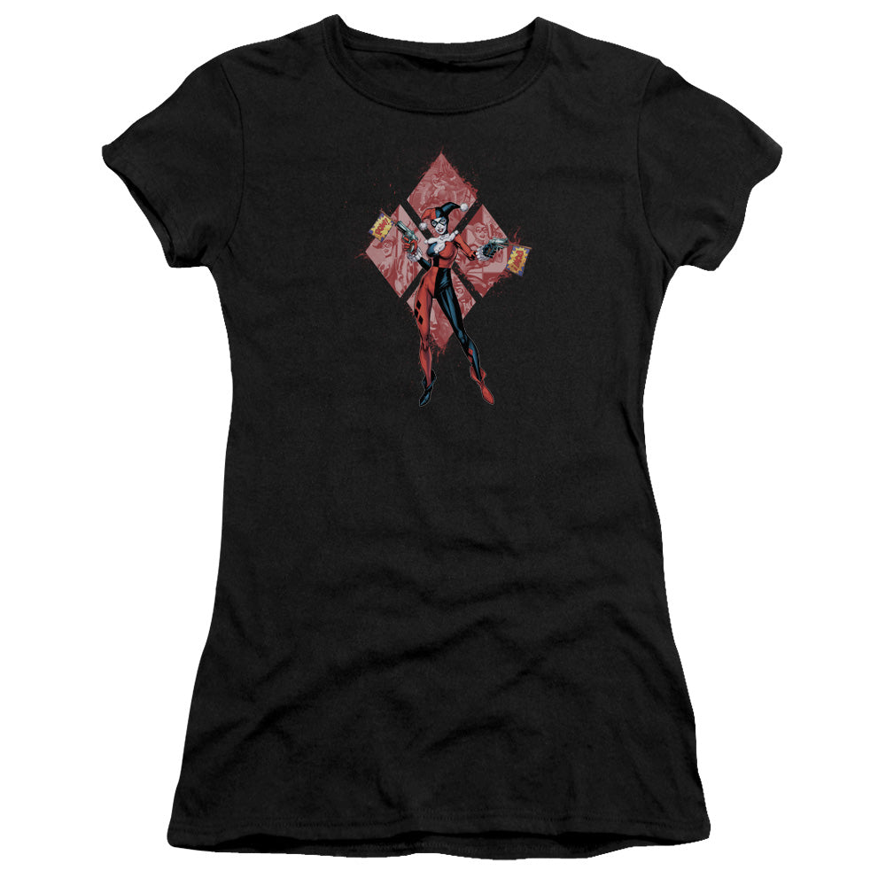 Batman Harley Quinn (Diamonds) Junior Sheer Cap Sleeve Womens T Shirt Black