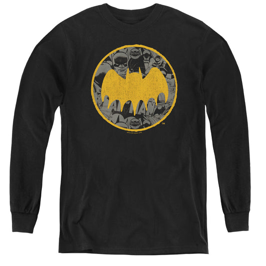 Batman Vintage Symbol Collage Long Sleeve Kids Youth T Shirt Black