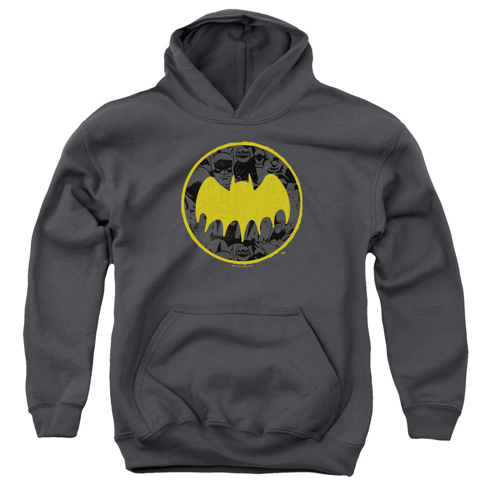 Batman Vintage Symbol Collage Kids Youth Hoodie Charcoal