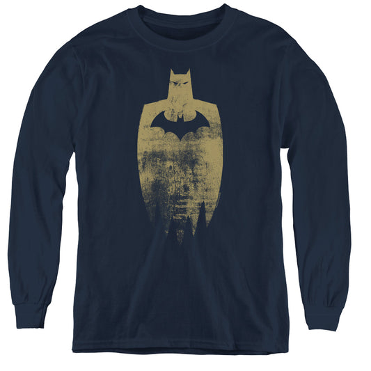 Batman Gold Silhouete Long Sleeve Kids Youth T Shirt Navy Blue