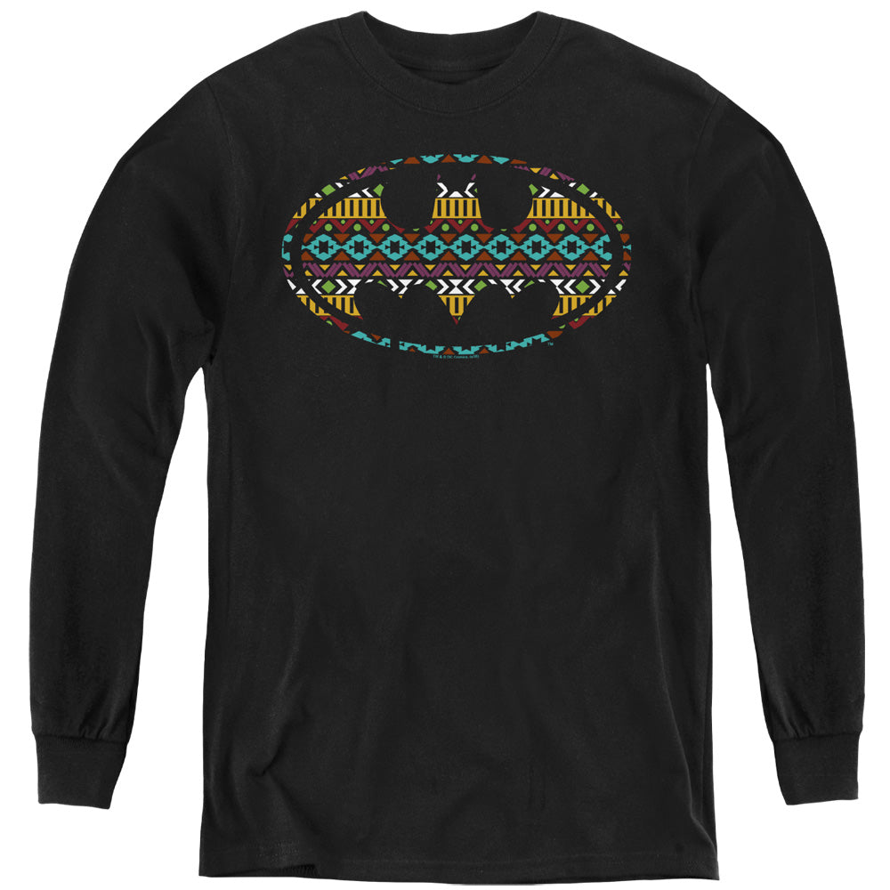Batman Aztec Fill Long Sleeve Kids Youth T Shirt Black
