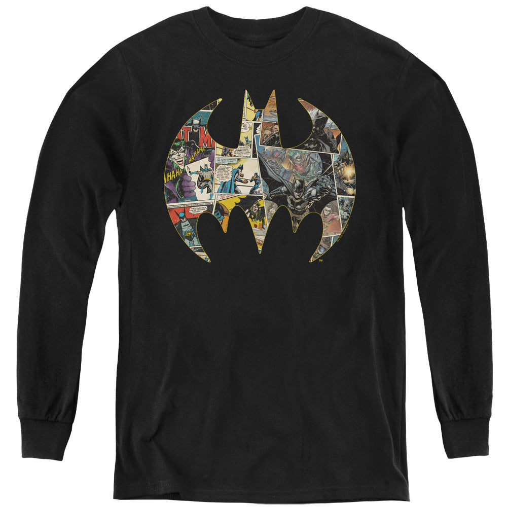 Batman Collage Shield Long Sleeve Kids Youth T Shirt Black
