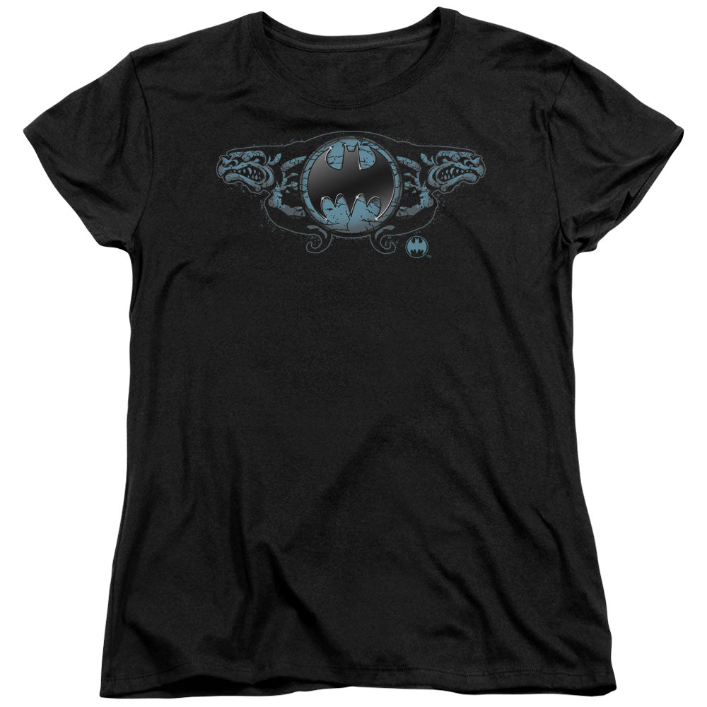 Batman Two Gargoyles Logo Womens T Shirt Black