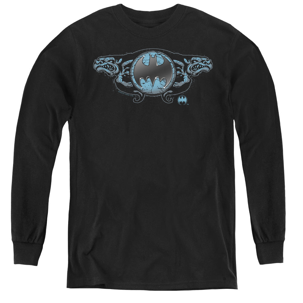Batman Two Gargoyles Logo Long Sleeve Kids Youth T Shirt Black