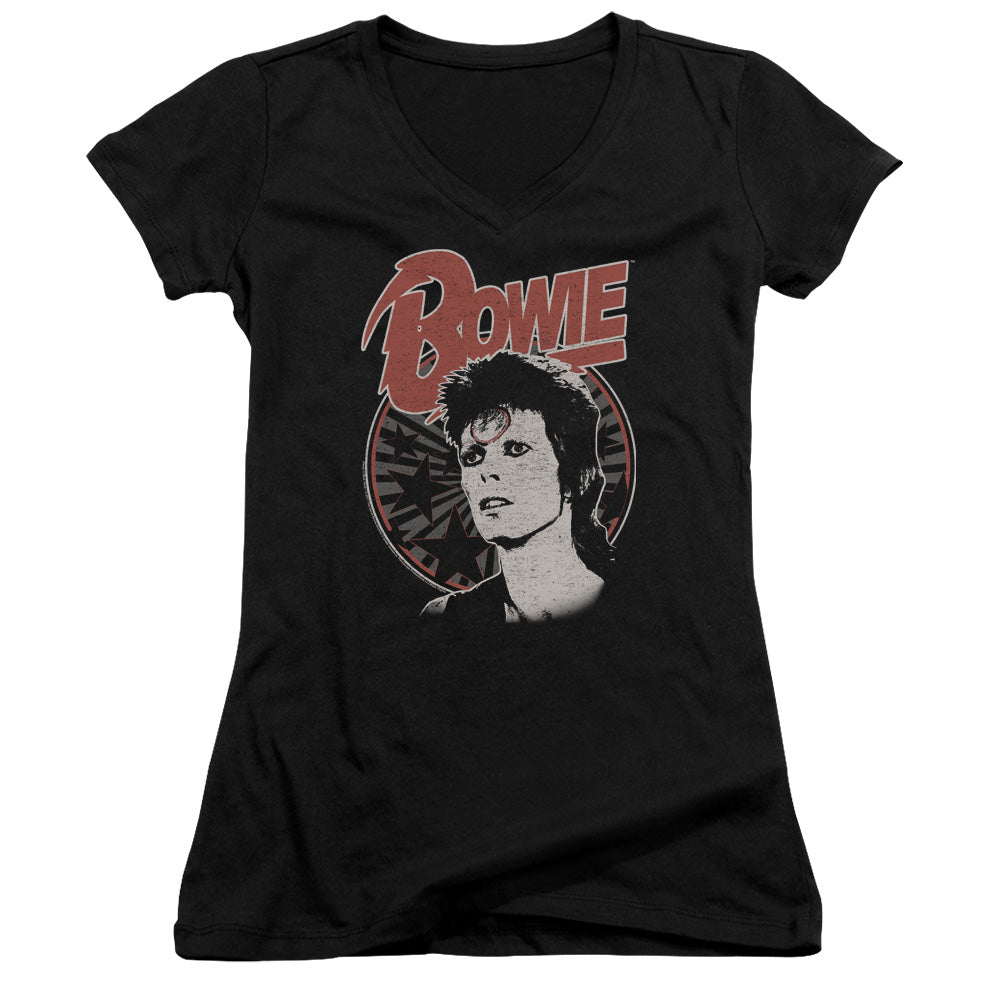 David Bowie Space Oddity Junior Sheer Cap Sleeve V-Neck Womens T Shirt Black