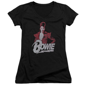 David Bowie Diamond David Junior Sheer Cap Sleeve V-Neck Womens T Shirt Black