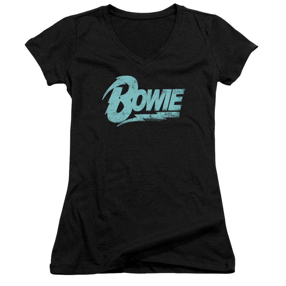 David Bowie Logo Junior Sheer Cap Sleeve V-Neck Womens T Shirt Black