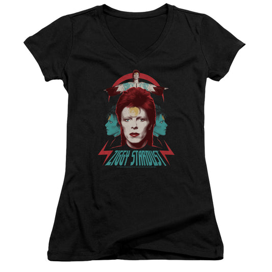 David Bowie Ziggy Heads Junior Sheer Cap Sleeve V-Neck Womens T Shirt Black