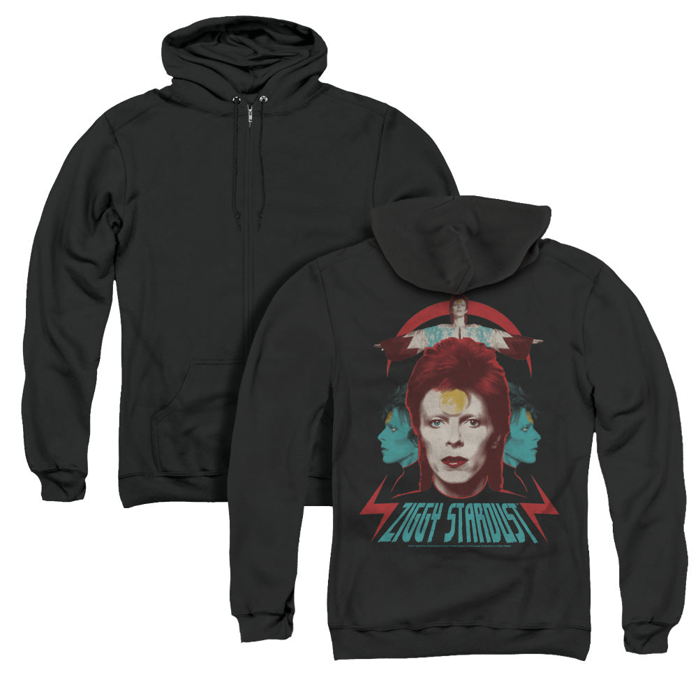 David Bowie Ziggy Heads Back Print Zipper Mens Hoodie Black