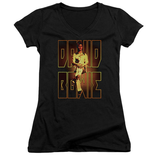 David Bowie Perched Junior Sheer Cap Sleeve V-Neck Womens T Shirt Black