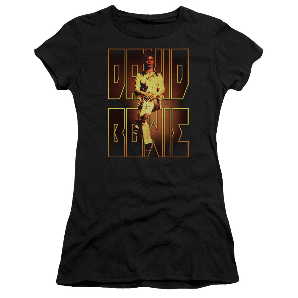 David Bowie Perched Junior Sheer Cap Sleeve Premium Bella Canvas Womens T Shirt Black