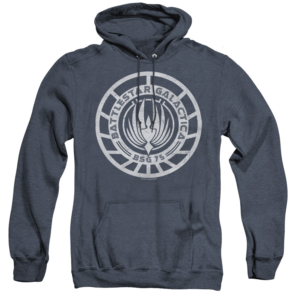 Battlestar Galactica Scratched Battlestar Galactica Logo Heather Mens Hoodie Navy Blue Officially Licensed