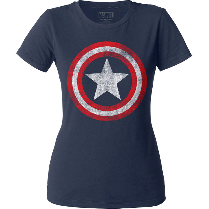 Captain America Distressed Shield Womens T Shirt Navy Blue