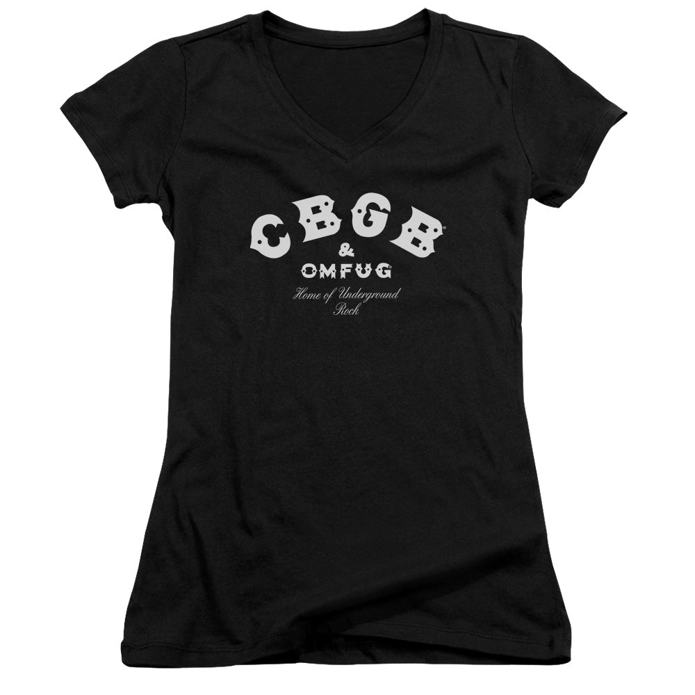 CBGB Classic Logo Junior Sheer Cap Sleeve V-Neck Womens T Shirt Black