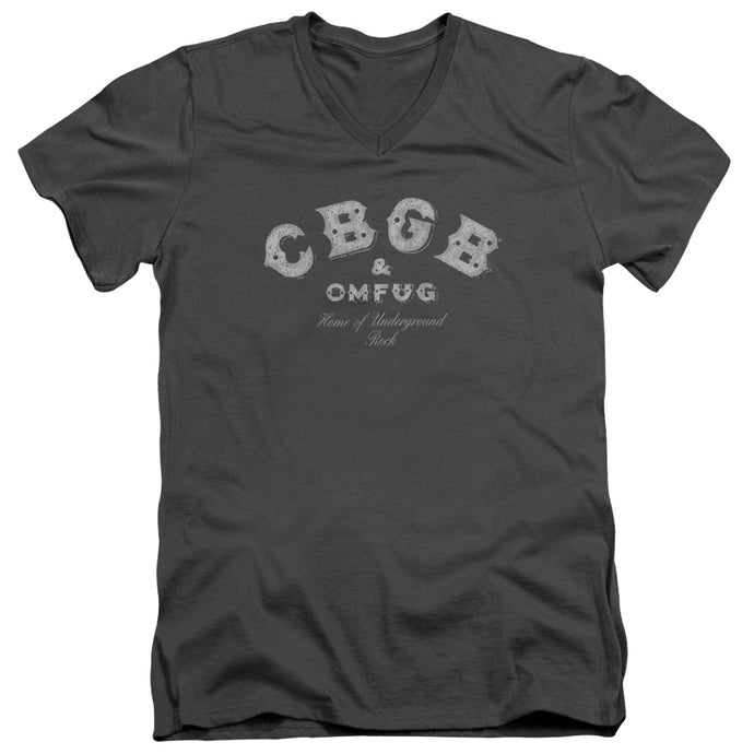 CBGB Tattered Logo Mens Slim Fit V-Neck T Shirt Charcoal