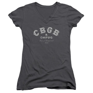 CBGB Tattered Logo Junior Sheer Cap Sleeve V-Neck Womens T Shirt Charcoal