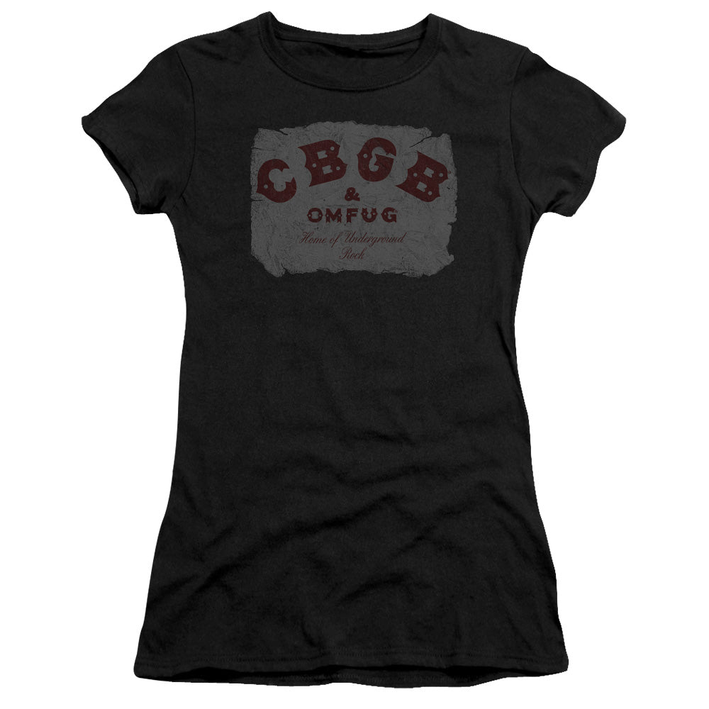 CBGB Crumbled Logo Junior Sheer Cap Sleeve Womens T Shirt Black