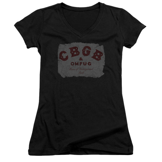 CBGB Crumbled Logo Junior Sheer Cap Sleeve V-Neck Womens T Shirt Black