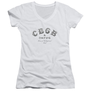 CBGB Club Logo Junior Sheer Cap Sleeve V-Neck Womens T Shirt White
