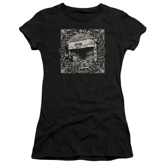 CBGB Front Door Junior Sheer Cap Sleeve Womens T Shirt Black