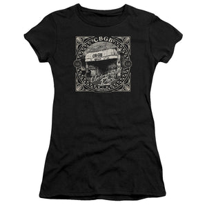 CBGB Front Door Junior Sheer Cap Sleeve Premium Bella Canvas Womens T Shirt Black