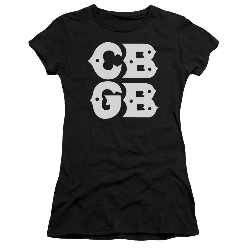 CBGB Stacked Logo Junior Sheer Cap Sleeve Womens T Shirt Black