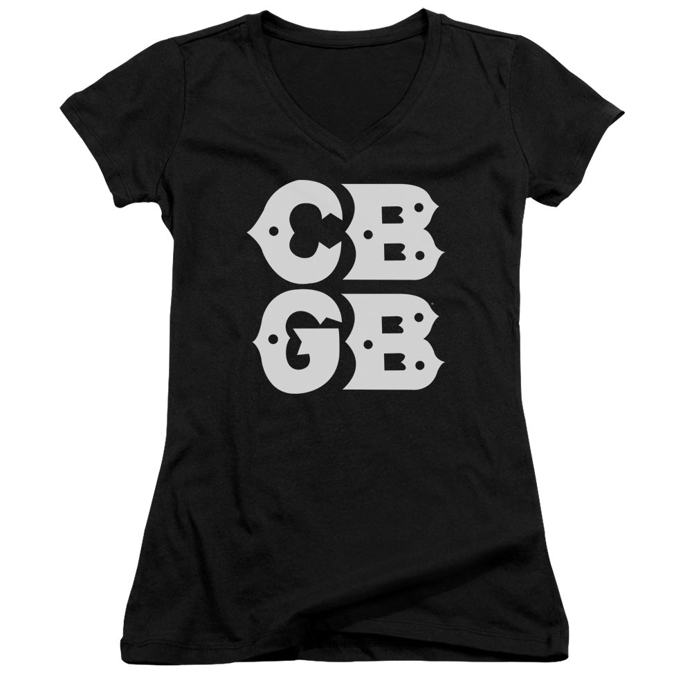 CBGB Stacked Logo Junior Sheer Cap Sleeve V-Neck Womens T Shirt Black