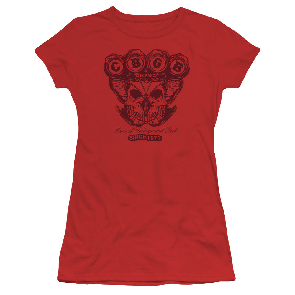 CBGB Moth Skull Junior Sheer Cap Sleeve Womens T Shirt Red