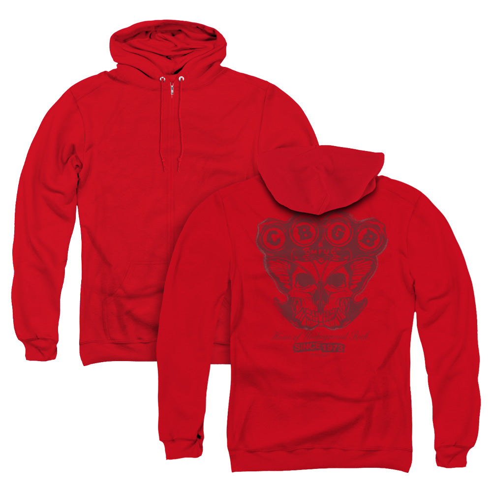 CBGB Moth Skull Back Print Zipper Mens Hoodie Red