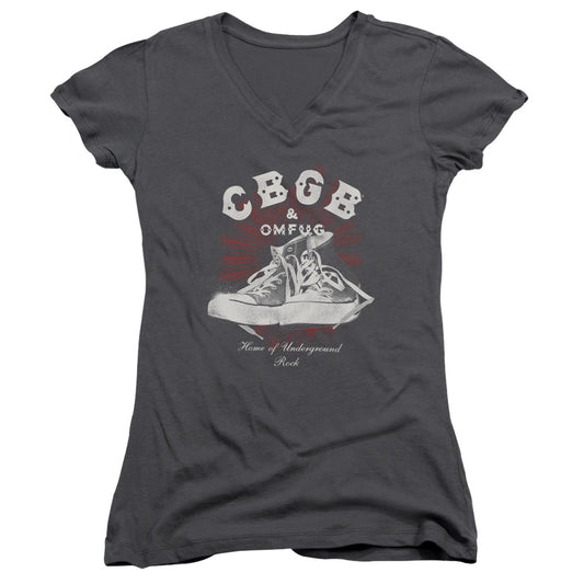 CBGB High Tops Junior Sheer Cap Sleeve V-Neck Womens T Shirt Charcoal