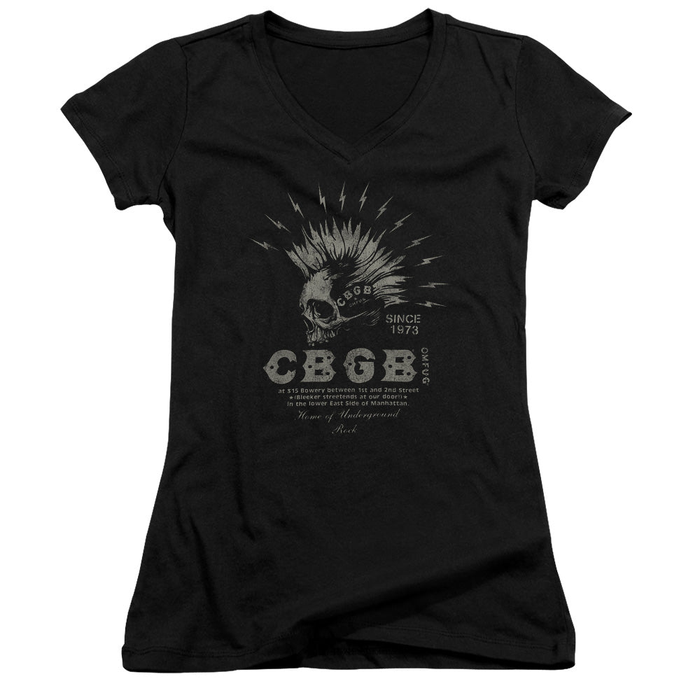 CBGB Electric Skull Junior Sheer Cap Sleeve V-Neck Womens T Shirt Black