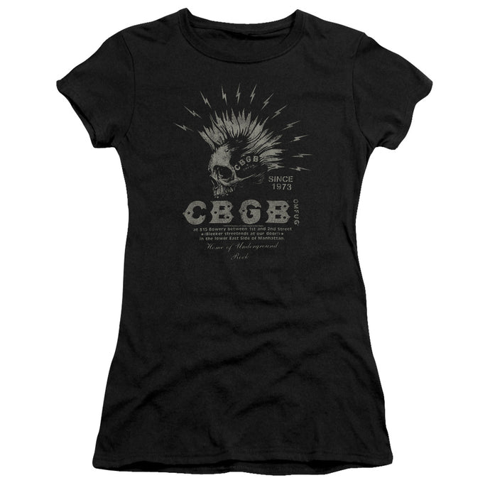 CBGB Electric Skull Junior Sheer Cap Sleeve Premium Bella Canvas Womens T Shirt Black