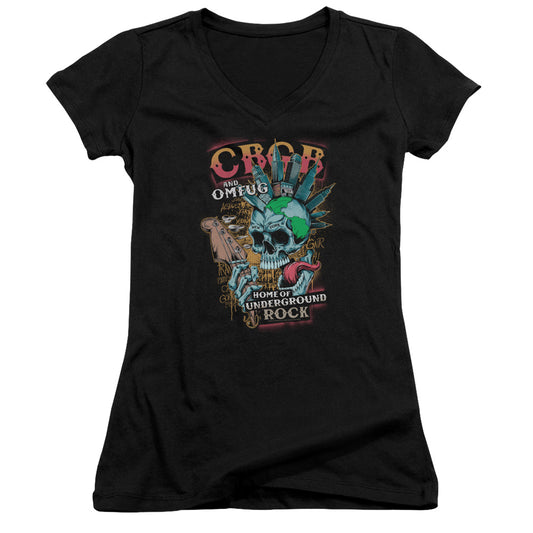 CBGB City Mowhawk Junior Sheer Cap Sleeve V-Neck Womens T Shirt Black